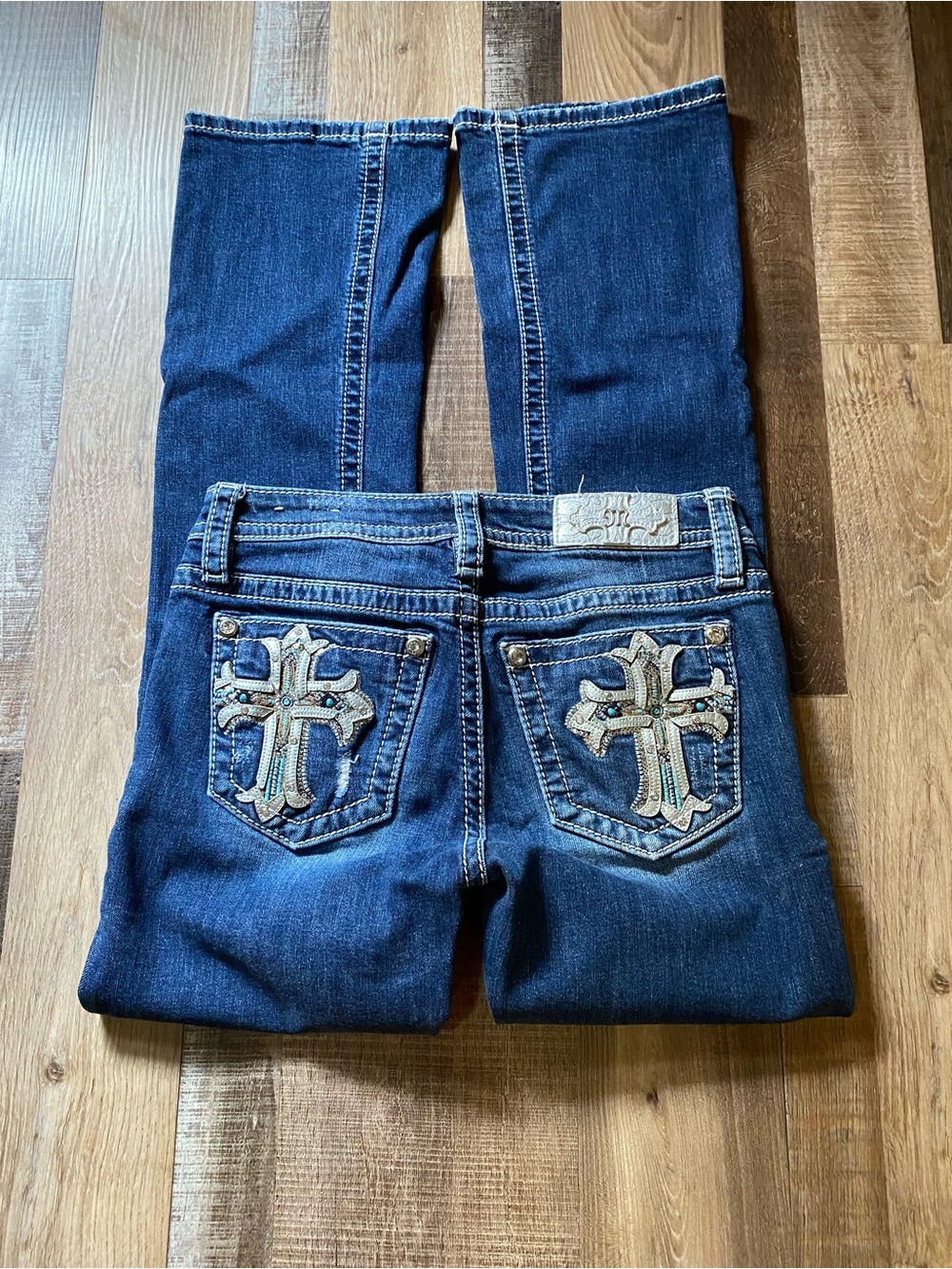 Miss Me Dark Blue Boot Cut Jeans with Embellished Cross Pockets
